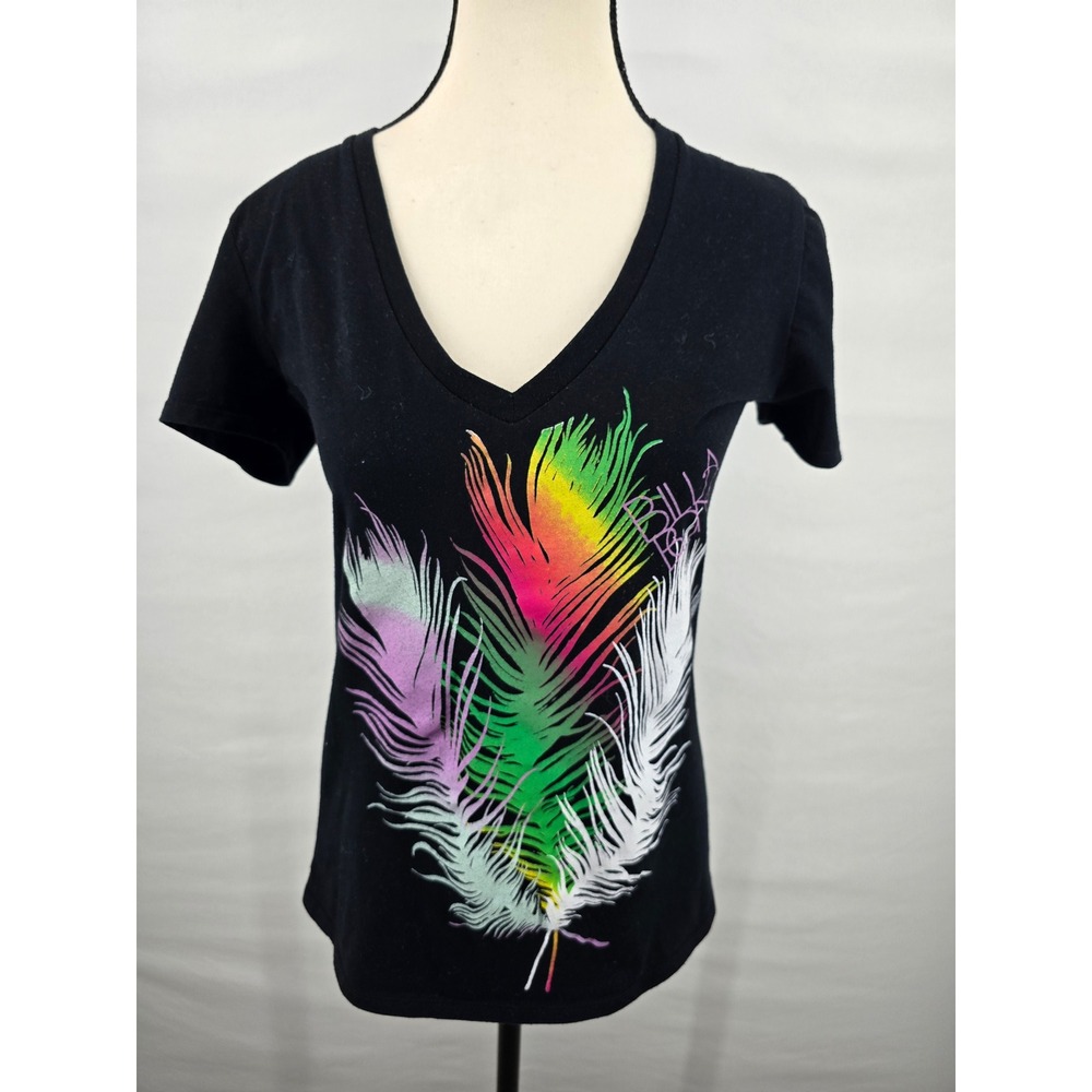 Billabong Womens Black V-Neck Feather Graphic T-Shirt‎ Medium Surf Tee